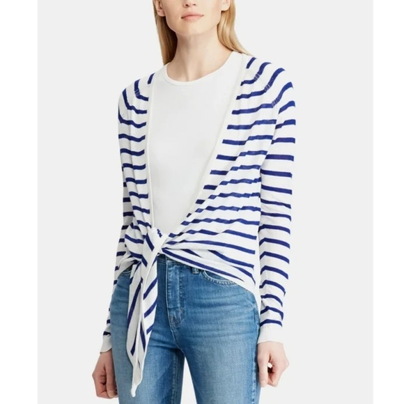 Lauren Ralph Lauren Blue White Striped Linen Blend Lightweight Cardigan Large - Picture 1 of 6